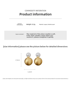 Detail view of gold matte sphere and pearl earrings with dimensions 2.5cm height