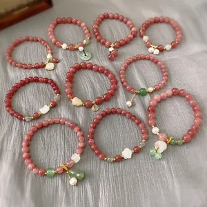 Women Beaded Bracelet Synthetic Strawberry Quartz Agate Freshwater Pearl Handcrafted Elegant Elastic Jewelry Ornament