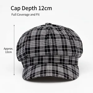 Classic black and white checkered octagonal newsboy hat with a 12cm deep crown for women