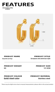 Detail view of gold U-shaped multi-layered stainless steel earrings with dimensions