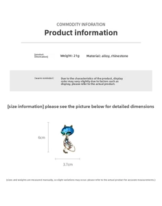 Detailed technical drawing of a cat brooch showing 6cm x 3.7cm size and 21g weight