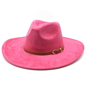 Pink suede fedora hat with wide brim and brown leather buckle strap for men and women