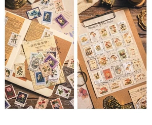 Detailed view of vintage botanical and fungi stamp stickers on retro paper texture
