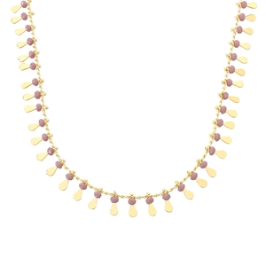 Golden necklace with purple beads and teardrop pendants in Bohemian style on white background