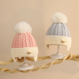 Baby Knit Beanie Toddler Winter Earflap Cap Acrylic Cable Knit Color Block Warm Faux Fur Pom Pom Infant Ear Protection