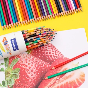 Set of 48 erasable colored pencils in a cylindrical case with realistic strawberry artwork
