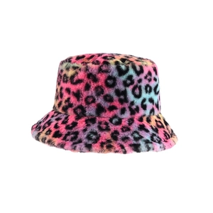 Colorful leopard print plush bucket hat for women with thick warm faux fur material