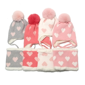 Kids Girls Winter Knitted Hat And Scarf Fleece Lined Warm Heart Pattern Ear Protection Acrylic Princess Clothing Accessory