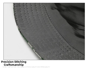 Detail showing high-density reinforced stitching on the brim of the camo bucket hat