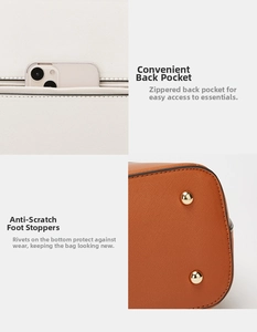 Detail of cross-grain tote bag featuring back zip pocket and protective metal feet