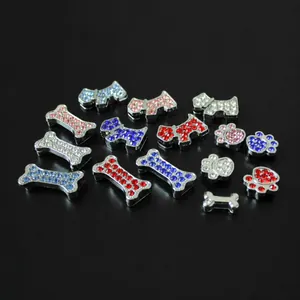 Alloy Rhinestone Slider Charms Bone Dog Paw Print Shapes For Bracelet Wristband Pet Collar Jewelry Making Accessories Shiny