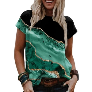 Damen Rundhals T-Shirt mit schwarz-grünem Marmordruck und goldenen Glitzerdetails