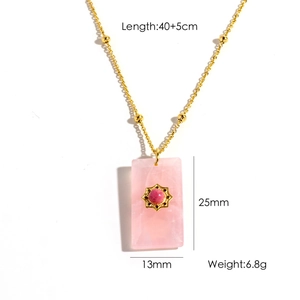 Detail view of pink stone pendant necklace with dimensions 25x13mm and 40+5cm chain length