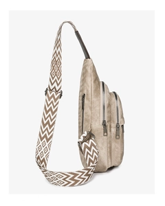 Detail of khaki retro crossbody bag showing matte texture and wave pattern shoulder strap