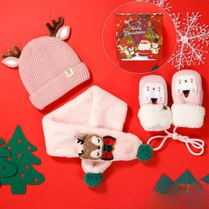 Pink reindeer baby winter set with antlers hat, scarf and mittens in a festive gift box