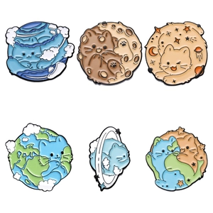 Set of six creative enamel cat planet pins featuring space-themed feline cartoon designs