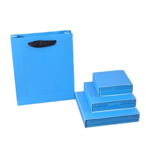 Sky blue PE film suspension display box gift set with matching paper bag and jewelry boxes
