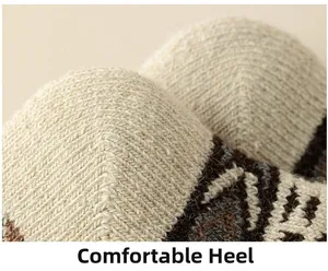 Detail of reinforced heel on thick wool knit socks with vintage brown patterns