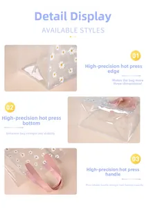 Détails du sac cadeau en PVC marguerite avec coutures pressées et anses en ruban