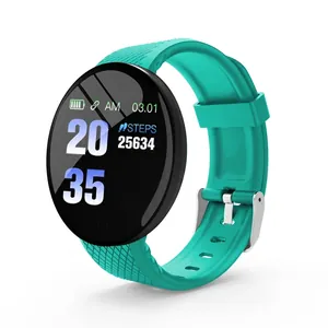 Close-up of D18 smart watch screen showing step count and teal textured silicone strap