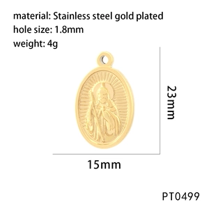 Detailed size specifications for a gold-plated stainless steel religious oval pendant