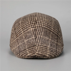 Back view of a retro brown checkered newsboy cap for men made of warm wool material