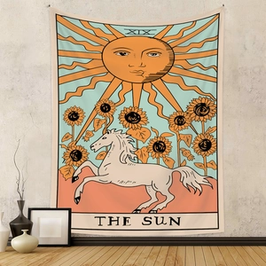 Detail des Tarot-Wandteppichs Die Sonne mit Sonnenblumen und weißem Pferd Dekor