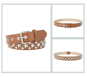 Detail view of brown leather belt with silver star studs and metal buckle closure