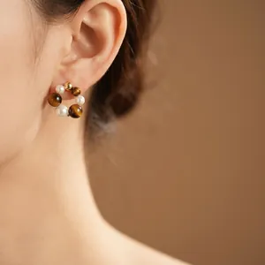 French vintage pearl and tiger eye beaded hoop earrings for women with gold accents