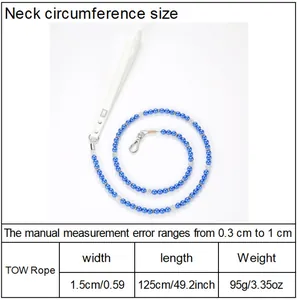 Detailed size chart for blue pearl pet leash with length and width specifications