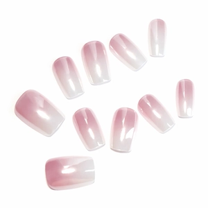 Glossy ombre pink and white gradient press-on nails in medium square shape set