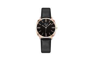 Macro shot of square rose gold case with crystal markers on black dial and leather strap