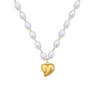 Minimalist titanium steel necklace featuring gold heart pendant and white pearl chain