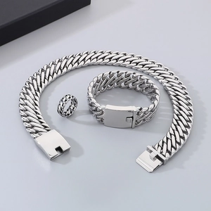 Polished silver cuban link jewelry set featuring a heavy necklace, bracelet and ring