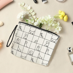 Cartoon Cat Grid Print Makeup Bag Fine Linen Portable Cosmetic Pouch Zipper Travel Storage Organizer For Women Girls