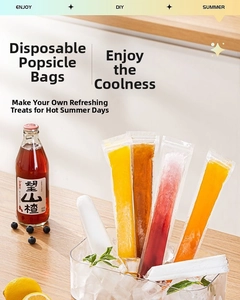 Macro detail of transparent food-grade popsicle bags filled with colorful fruit juice