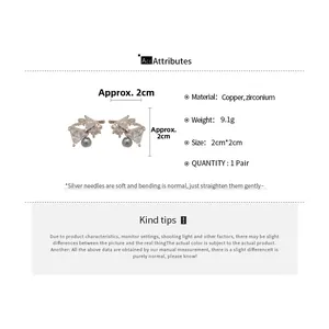 Detailed size specifications for bow knot ear clips with zircon and gray pearl accents