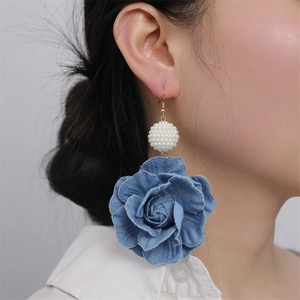 Camellia Rose Floral Drop Earrings Blue Denim Fabric Faux Artificial Pearl Decorative Fashion Jewelry Accessory For Women