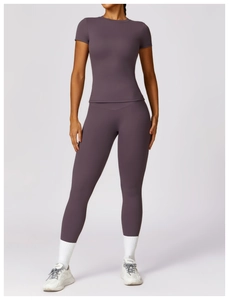 Detailed view of mauve yoga set with tight-fit short sleeve top and high-waist leggings