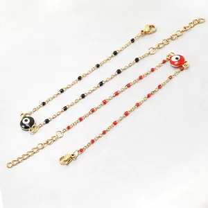 Gold stainless steel evil eye chain bracelet with red and black beads for women