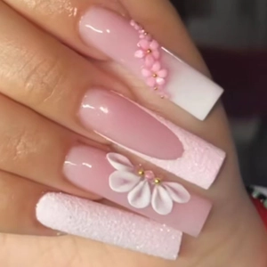 Press On Nails Long Coffin Pink White Gradient 3D Flower Artificial Pearl Accents Glitter Sweet French Style Elegant For Women
