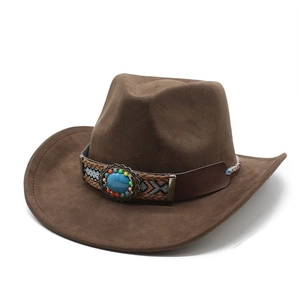 Classic dark brown suede western cowboy hat with a turquoise and beaded woven headband