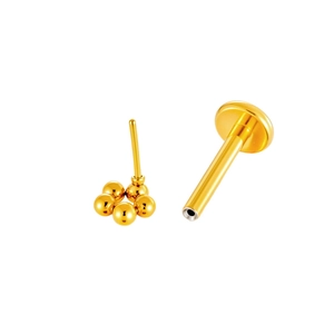 Titanium gold piercing stud with high polish five-bead cluster head on a flat back post