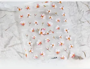 Detail of floral nail art stickers with cherry blossoms and pink flower petal patterns