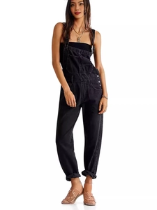 Women's black denim overalls with slim straight-leg cut and classic suspenders