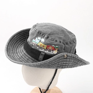 Detailed embroidery of cartoon train and text on grey washed denim sun hat for kids