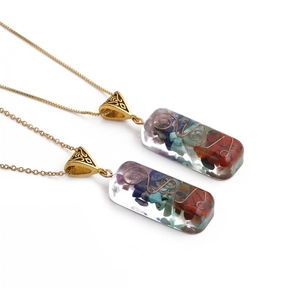 Unique rectangle aurora resin flower pendant necklace with multicolor gravel and gold chain