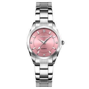 Women's silver quartz watch with a pink dial and diamond markers on a white background