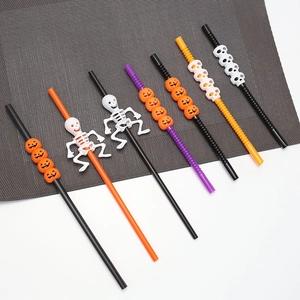7-piece Halloween decorative straw set with pumpkin and skull tops in black orange purple