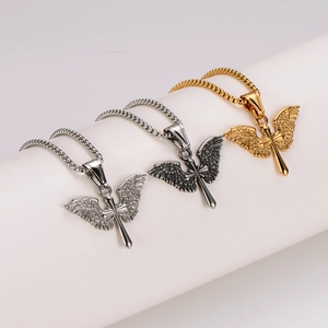 Three men's stainless steel angel wing sword pendants in silver, gold, and gun black colors
